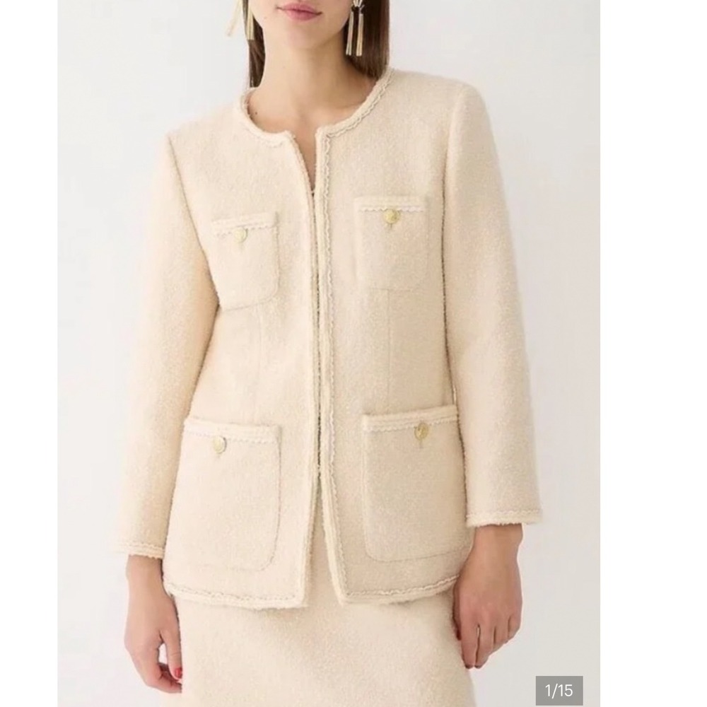 J Crew Cream Wool Blend Tweed Lady Jacket Gold Crest Buttons Sz 6 Boucle powder